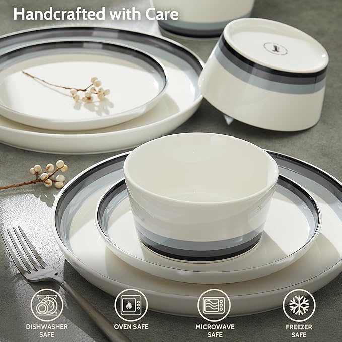 Sweese 12 Piece Dinnerware Sets for 4 - Porcelain Plates and Bowls Set - Scratch Resistant Dishwasher and Oven Safe Round Dinner Sets - Dish Sets -White and Blue Gradient