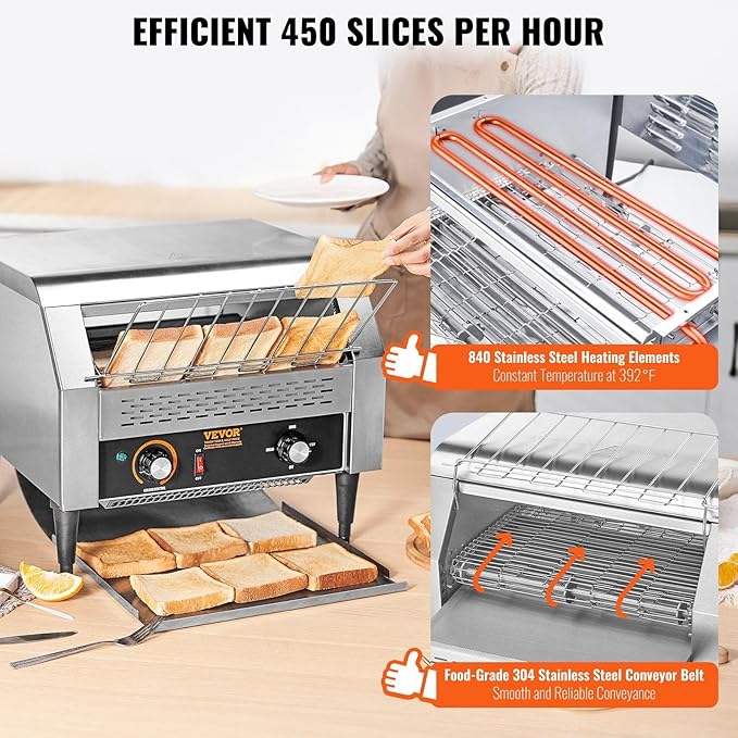 Commercial Conveyor Toaster 450 Slices/Hour Conveyor Belt Toaster Heavy Duty Stainless Steel Commercial Toaster Oven Electric Restaurant Commercial Toaster for Toast Bun Bagel Bread