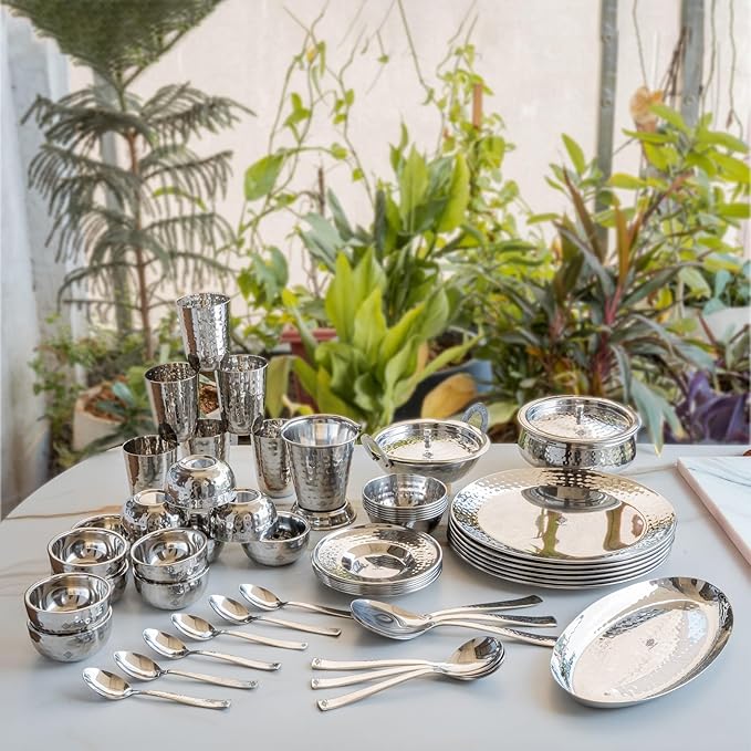 Indian Art Villa Stainless Steel Dinner Set/Thali Set of 52 Pieces Dinnerware Tableware Or Crockery