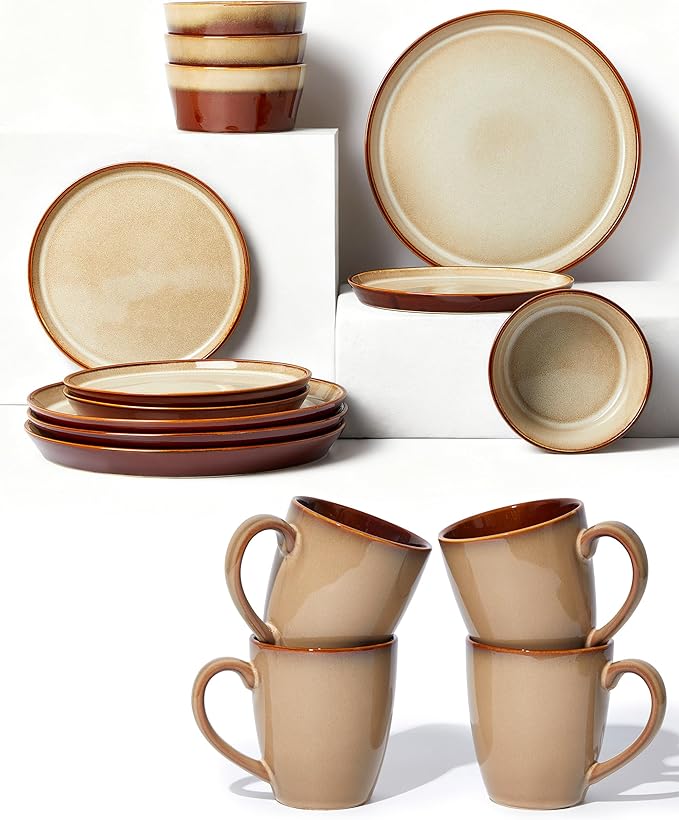 16 Pieces Dinnerware Sets with Mug Set Brown Yellow