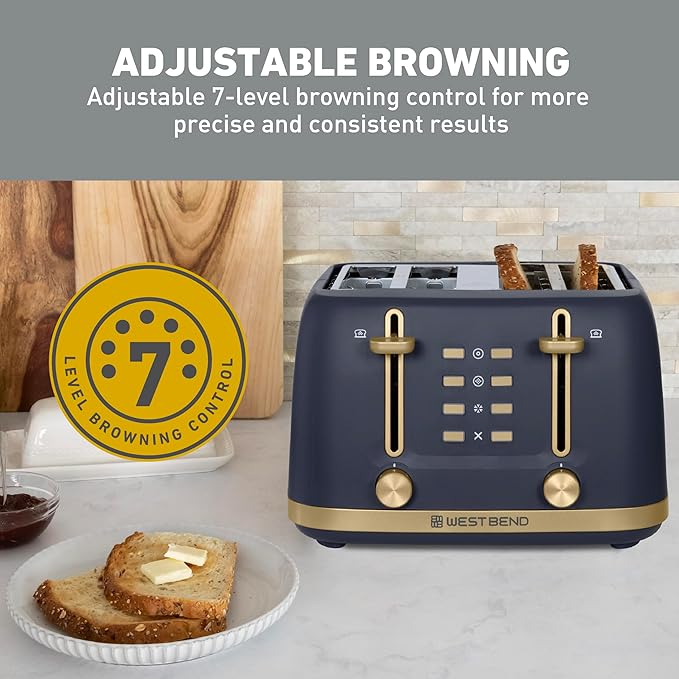 West Bend Timeless 4-Slice Toaster with 7 Browning Levels Bagel/Waffle/Defrost Settings High-Lift Lever Anti-Jam Easy-Clean Crumb Tray 4-Slice Blue/Gold