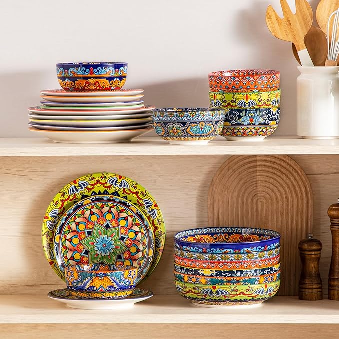 vancasso 24-Piece Dinnerware SetsPlates &amp Bowls Sets Service for 6 Bohemian Porcelain Dishes Set for 6 Kitchen Dinner SetMicrowave &amp Dishwasher Safe Scratch ResistantSeries KRVI