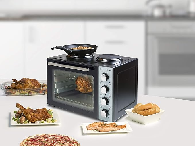 Bestron AOV31CP Small Kitchen Mini Oven with Double Hob Top/Bottom Heat with Convection Air up to 230 ° C 3200 Watt Black