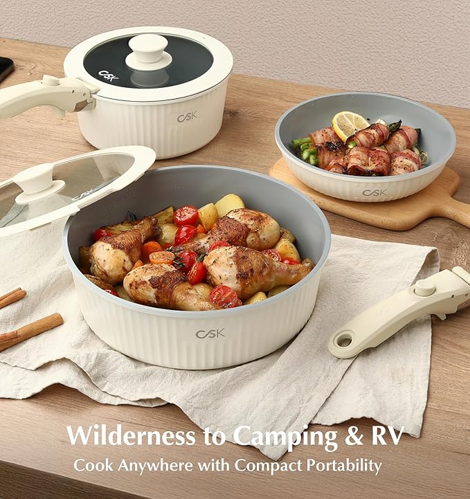 KOCH SYSTEME CS 17pcs Pots and Pans Set Non Stick Nonstick Ceramic Cookware Set Detachable Handle Induction Kitchen Pot and Pan Set Non Stick with Removable Handle RV Cookware Set Cream White