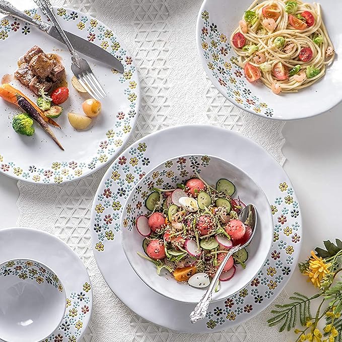 Dinnerware Sets Dish SetCeramics Dinner Sets22 Pieces Floral Pattern Porcelain | Relief Cereal Bowl and Steak Plate for Wedding Gift