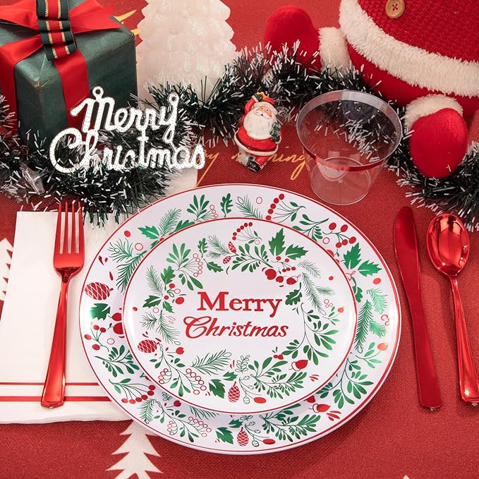bUCLA 175PCS Christmas Plates Dinnerware Set - Green and Red Christmas Plastic Plates and Napkins Disposable Include 25 Dinner Plates25 Dessert Plates75 Cutlery25 Cups&amp25 Napkins