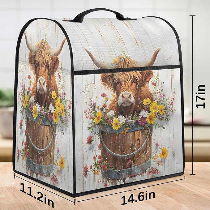 Kitchen Aid Mixer Cover Flowers Cute Cow Highland Stand Mixer Cover Compatible with 6-8 Quarts Stand Mixers Dust Covers with Zipper Pocket Foldable Washable Kitchen Aid Organizer Bag