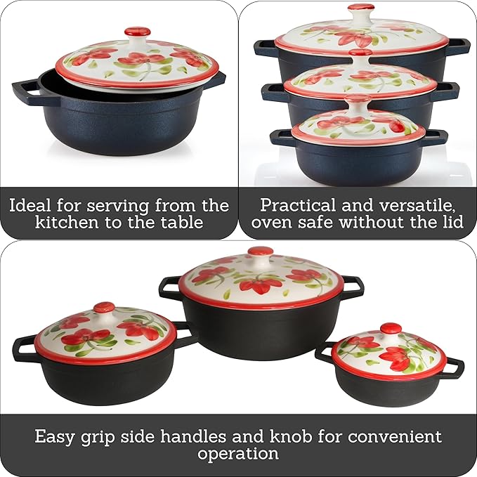 IMUSA 0.5/1.5/3.7qt Carmen de Viboral Cast Aluminum Nonstick Caldero 6pc Set with Floral Ceramic Lids (Drop Ship) Black - 14/18/24cm