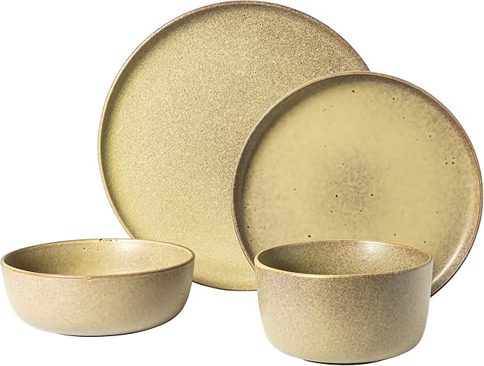 Gibson Elite James Street 16 Piece Stoneware Matte Reactive Double Bowl Dinnerware Set - Toast Cream Service for 4 (16pcs)
