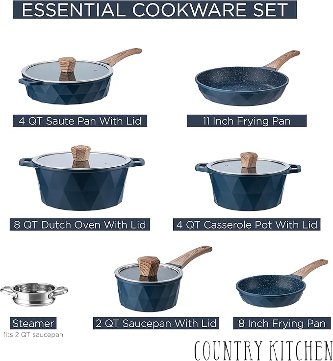 Country Kitchen Diamond Cookware and Utensils Set Bundle- 7 Piece Cast Aluminum Cookware Set with Pots and Pand=s and 38 piece Cooking Utensils Set with Holder and Gadgets (Navy)