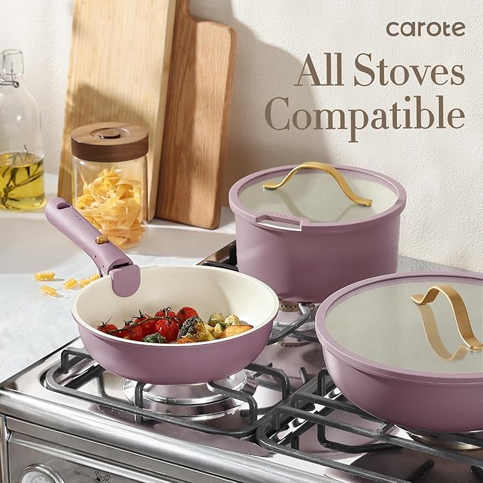 CAROTE 5pcs Pots and Pans Set Nonstick Cookware Set Detachable Handle Induction Kitchen Cookware Sets Non Stick with Removable Handle RV Cookware Set Gold and Purple