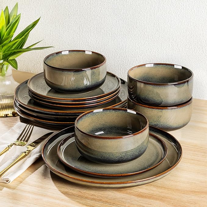 TheTerra Ceramic Dinnerware Sets for 4 12 Pieces Handmade Reactive Glaze Plates and Bowls Set Scratch Resistant Dish Set Oven &amp Microwave &amp Dishwasher Safe