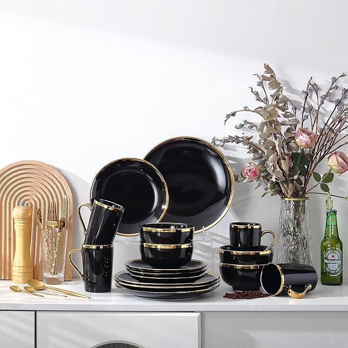 16-Piece Black and Gold Dinnerware Set for 4 Elegant Porcelain Plates and Bowls Set with Golden Rim Modern Luxury Tableware Service Complete Dish Set for Home Dining and Gifts