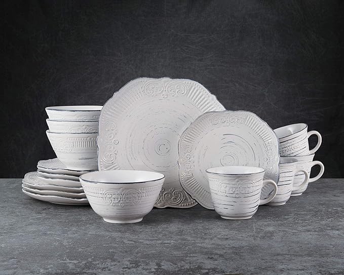 Pfaltzgraff Isabella 16-Piece Stoneware Dinnerware Set Service for 4 - Handpainted Unique Glazed Finish - Includes Dinner Plates Salad Plates Bowls Mugs - Dishwasher &amp Microwave Safe (Gray)
