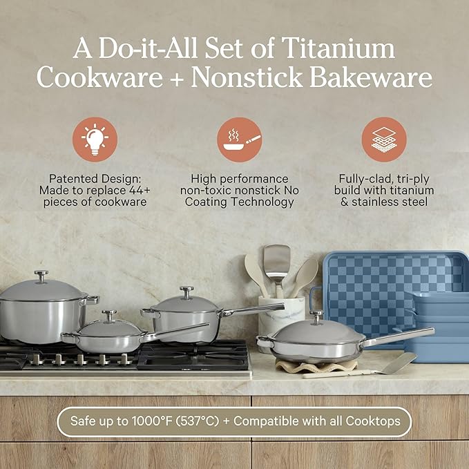 Our Place 15-Piece Titanium Pro Cookware &amp Bakeware Set | Tri-Ply Titanium &amp Stainless Steel Nonstick Fry Pans &amp Pots | Ceramic Nonstick Bakers &amp Griddle Pan | Non-toxic PFAS-Free | B
