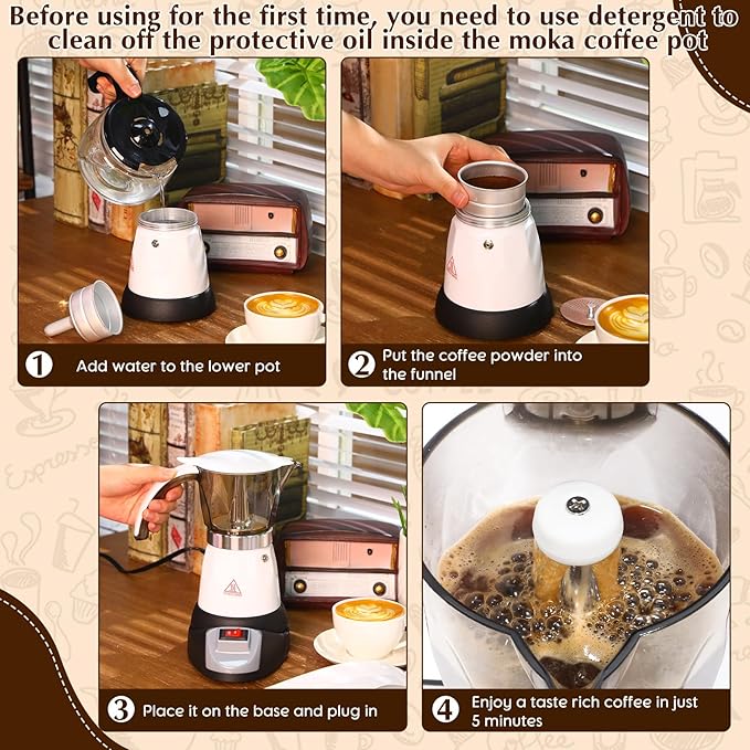 Electric Espresso Maker Transparent Coffee Maker Electric Moka Pot Portable Aluminum Espresso Machine Italian Moka Pot with Detachable Base Coffee Gift for Women Men Home Travel (White6 Cup)