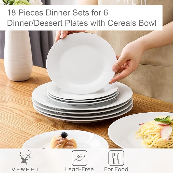 VEWEET Dinner Service 18-Piece Porcelain Tableware Set Basic Series with 6 Cereal Bowls Dessert Plates and Flat Plates for 6 People