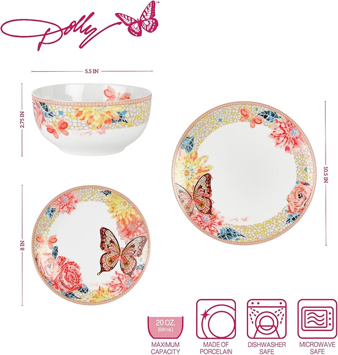 Dolly Parton 12 Piece Jeweled Mosaic Butterfly Dinnerware Set Porcelain Dinner Plates Salad Plates Bowls Service for 4 Microwave Dishwasher Safe
