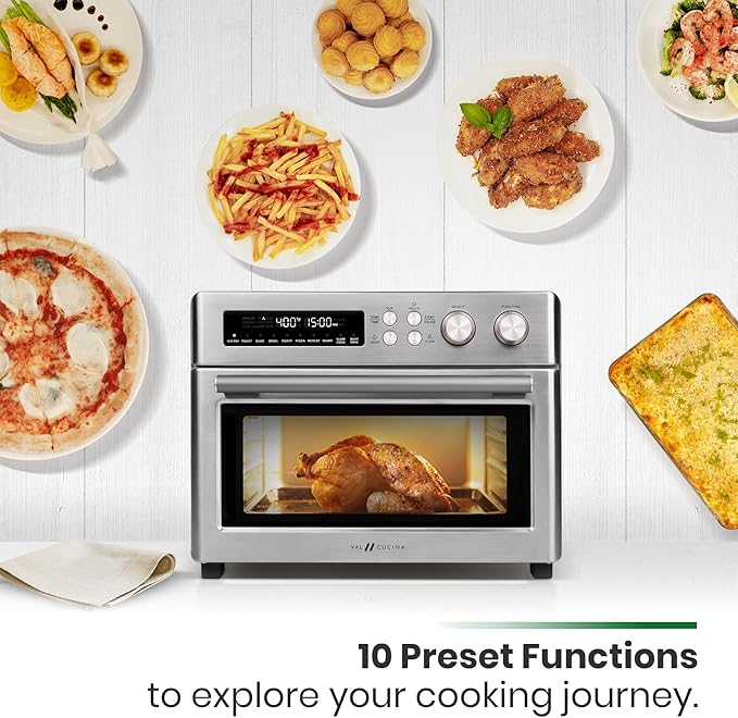 VAL CUCINA Infrared Heating Air Fryer Toaster Oven Extra Large Countertop Convection Oven 10-in-1 Combo 6-Slice Toast Enamel Baking Pan Easy Clean with Recipe Book Brushed Stainless Steel Finish