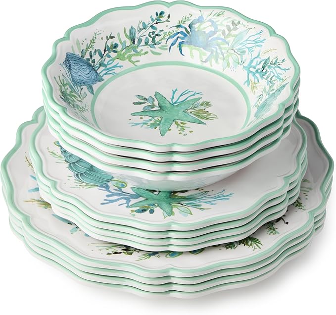 Sea Glass 12 Pc. MELAMINE DINNERWARE SET SERVICEfor 4 coastal mix‑and‑match plates and bowls with ocean motifs ideal for indoor outdoor dining beach homes patios poolside meals