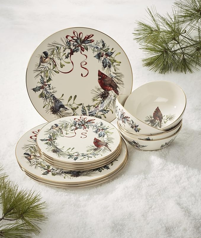 Lenox 894540 Winter Greetings 12-Piece Dinnerware Set Red &amp Green 12 Count Christmas Holiday Hosting