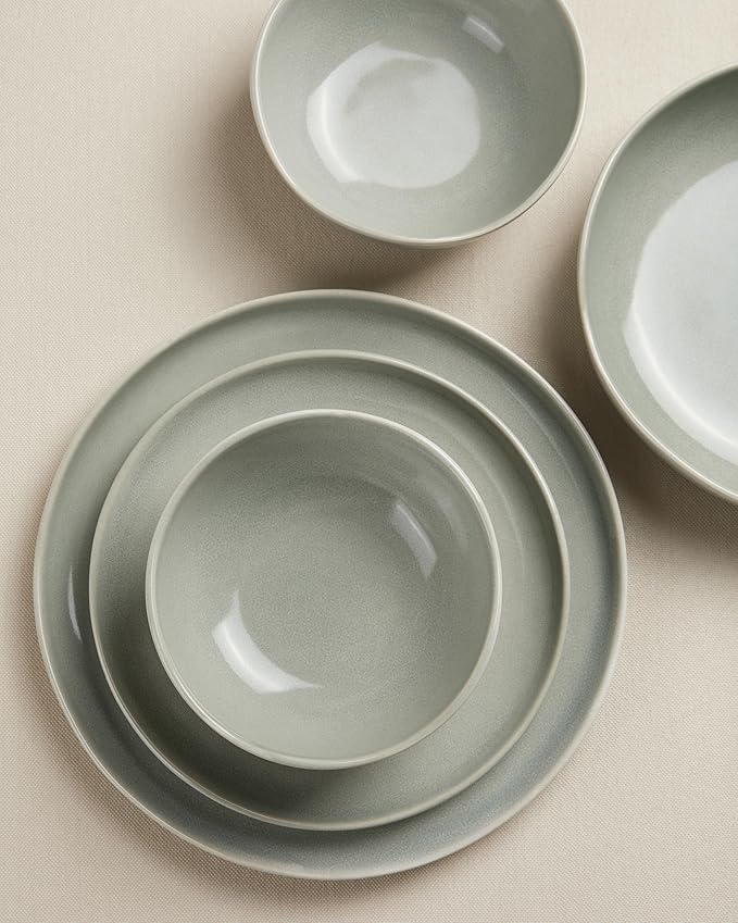 Plates and Bowls Sets 16 Pieces Dinnerware Set for 4 with Pasta Bowls Handmade Dishes Set Chip Resistant Dishware Sets Microwave Safe Dinner Set Designed for Interactive Meals Gray Green