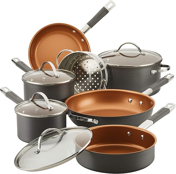 Farberware 80183 Glide Pro Hard Anodized Ceramic Nonstick Cookware Pots and Pans Set 11 Piece Gray