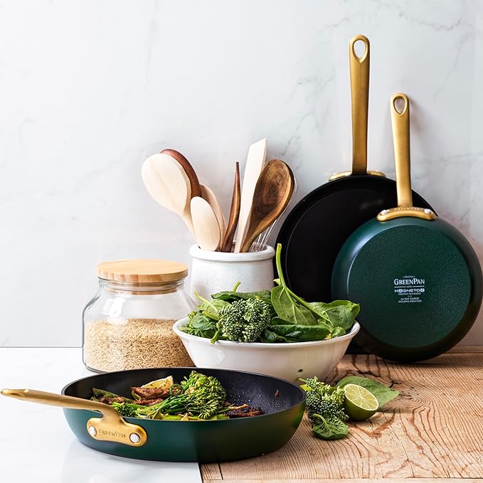 GreenPan Craft 8” 9.5” and 11” 3 Piece Frying Pan Skillet Set Healthy Ceramic Nonstick Non-Toxic PFAS-Free Dishwasher Safe Oven Safe Black