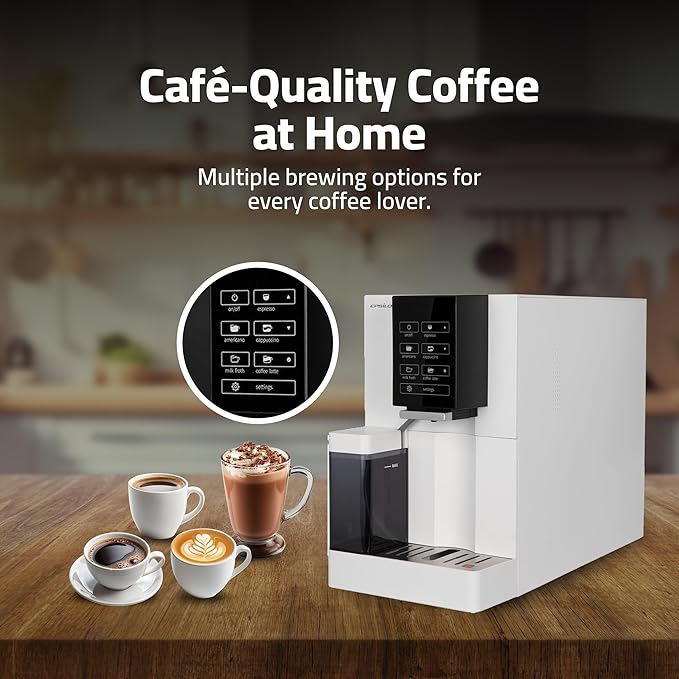 Epsilon Fully Automatic Coffee Machine Modern One Touch Espresso Machine Integrated Milk Frother and Custom Brewing Cafe Maker Compact Countertop Size Self Cleaning Cafetera (White)