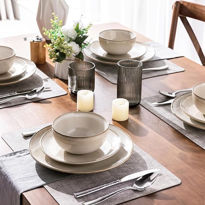 GBHOME Ceramic Dinnerware Sets for 8 24 Pieces Stoneware Plates and Bowls Sets Reactive Glaze Dishes -Scratch Resistant Dishwasher&ampMicrowave Safe-Cappuccino