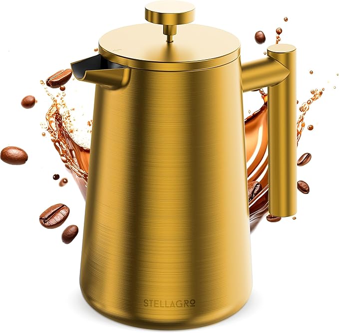 French Press Coffee Maker Stainless Steel French Press 34 Oz / 1L Large Insulated Double Wall Coffee Maker with 3 Extra Mesh Filters Satin Finish Gold