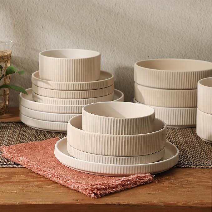 Gibson Elite Deerfield 16-Piece Stoneware Dinnerware Set – Cream White Reactive Glaze Plates and Bowls Stackable Design Service for 4 – Dishwasher &amp Microwave Safe