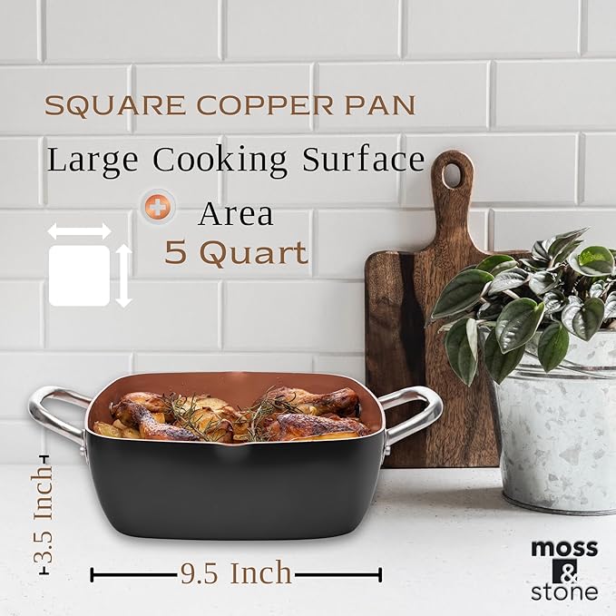 Moss &amp Stone 5 Pcs Black Copper Chef Cookware Non Stick Deep Frying Pan Fry Basket Steamer Rack Dishwasher &amp Oven Safe 5 Qt Deep Square Pan Induction Copper Cookware Set - 9.5 x 3.5