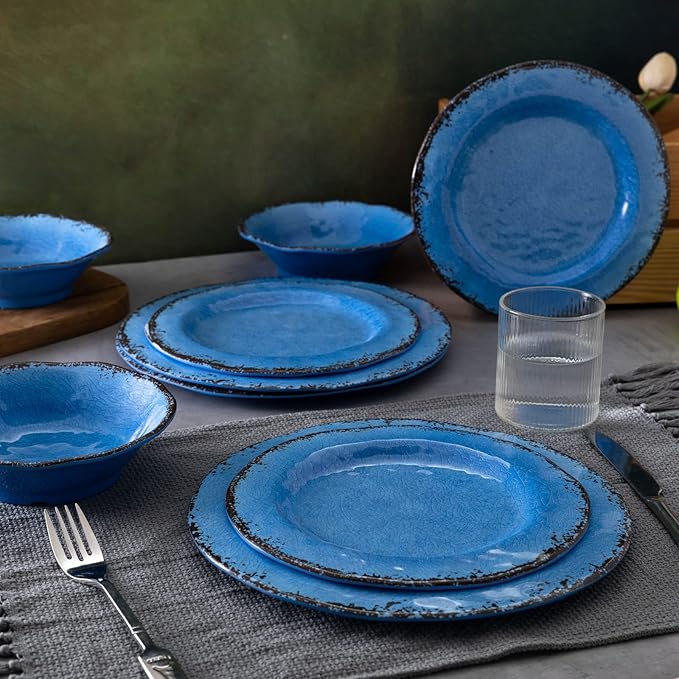 LEHAHA 12 Piece Melamine Dinnerware Set BPA Free Farmhouse Outdoor Dishes Set for 4 A Light Weight and Unbreakable Rustic Plate Bowl Set for Patio RV and Camping