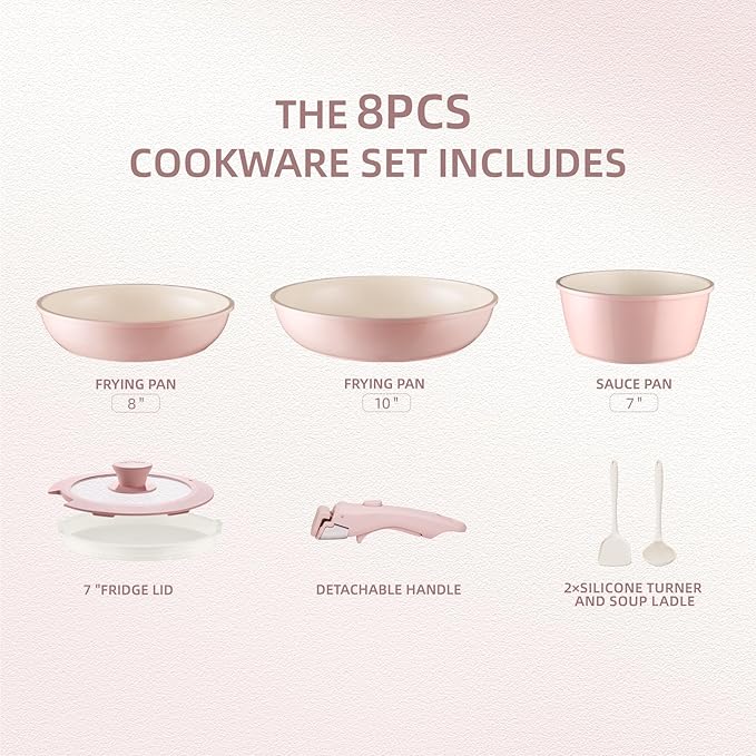 8PCS Ceramic CookwareNonstick Ceramic Pan Removable Handle Pots and Pans Set Stackable Pan Set Nonstick Pots and Pans Set Non Stick pot(Pink)