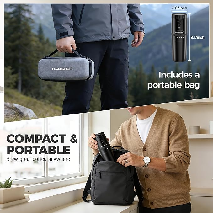 HAUSHOF Portable Coffee Maker Camping Coffee Makers Travel Mini Coffee Maker Portable Travel Coffee Maker with Grinder Personal Cordless Travel Coffee Maker for Car Camping and Home