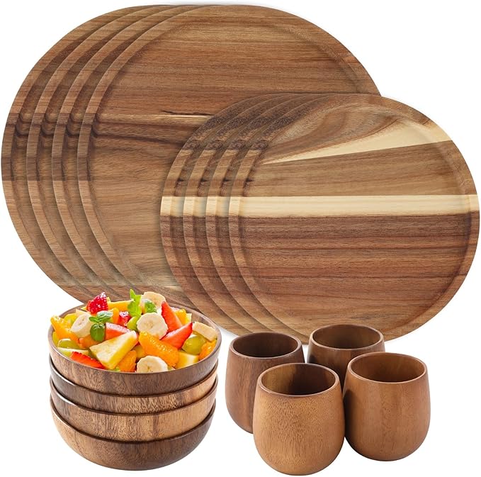 16 Pcs Acacia Wood Dinnerware Set Includes 4 pcs 9.8-in Round Plates 4 pcs 7.9-in Round Plates 4 Solid Wood Bowls and 4 Tea Cups Easy to Clean &amp Lightweight Perfect for Meals Snacks &amp D