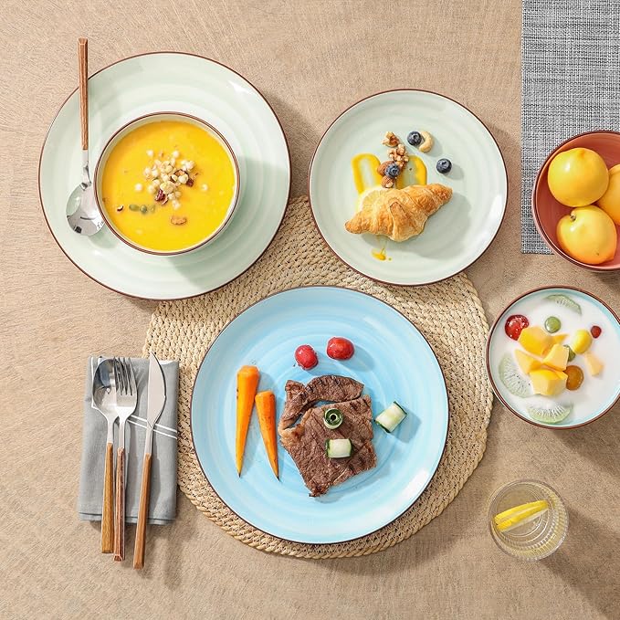 Selamica Ceramic 16-Pieces Dinnerware Set Ceramic Dishes Set for 4 Kitchen Plates and Bowls Sets Dinner Plates Set Spray Black Dots Gradient Color