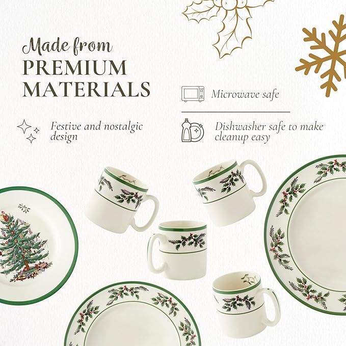 Spode Christmas Tree 12-Piece Dinnerware Set (Service for 4) - Festive Holiday Tableware with Plates &amp Mugs - Fine Earthenware Christmas Dinnerware - Microwave &amp Dishwasher Safe