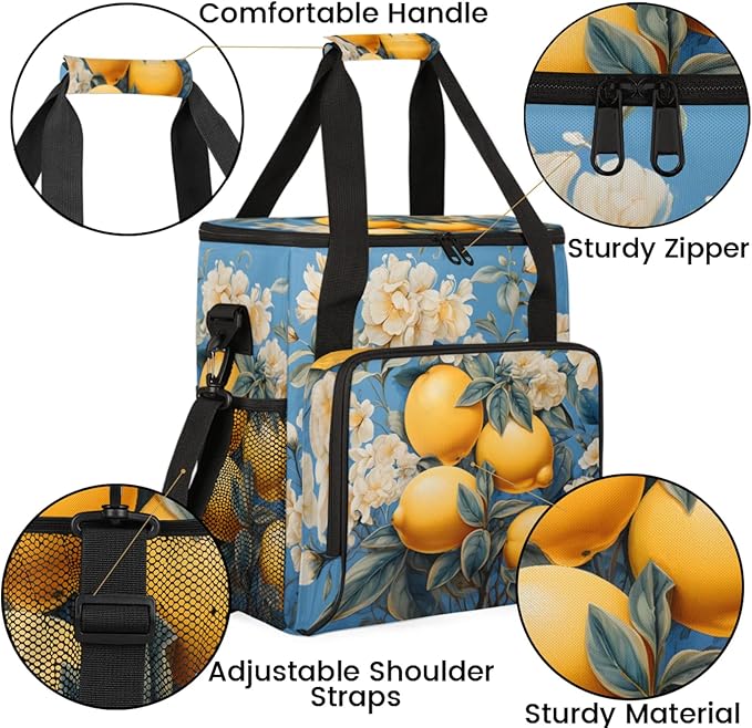 Lemon Flower Coffee Maker Travel Bag for Keurig K-Mini/K-Mini Plus Insulated Waterproof Tote with Pockets for K-Cup Portable Single-Serve Brewer Case
