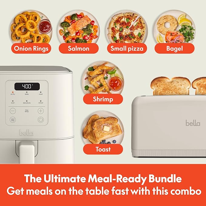 BELLA Slim 2 Slice Toaster + 4Qt Slim Air Fryer Fits-anywhere™ Kitchenware Small Air Fryer w 6 Preset Cooking Options and Slim Toaster w 6 Shades Control Oatmilk