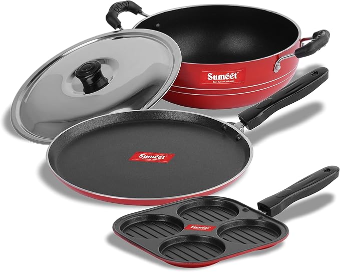 Sumeet 2.6mm Thick Non-Stick Red Blush Combo set (Dosa Tawa – 26.5cm Dia + Multi snack maker – 26.5cm Dia + Kadhai With Lid – 1.5Ltr capacity- 20cm Dia)