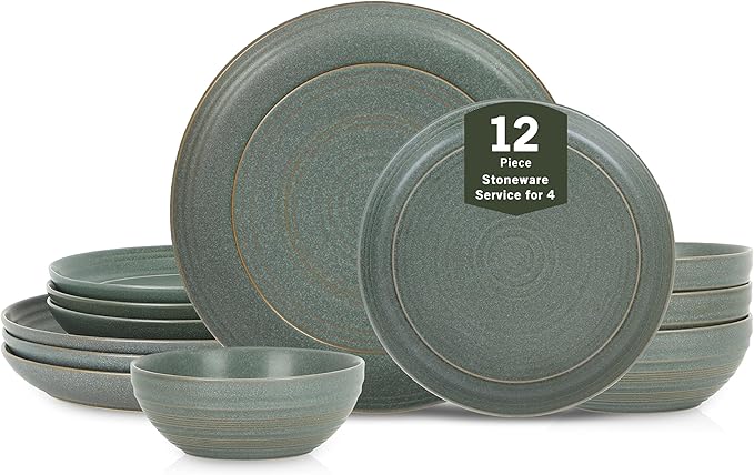 Stone Lain Elio 12-Piece Dinnerware Set Stoneware Plates and Bowls Set Dish Set for 4 Green