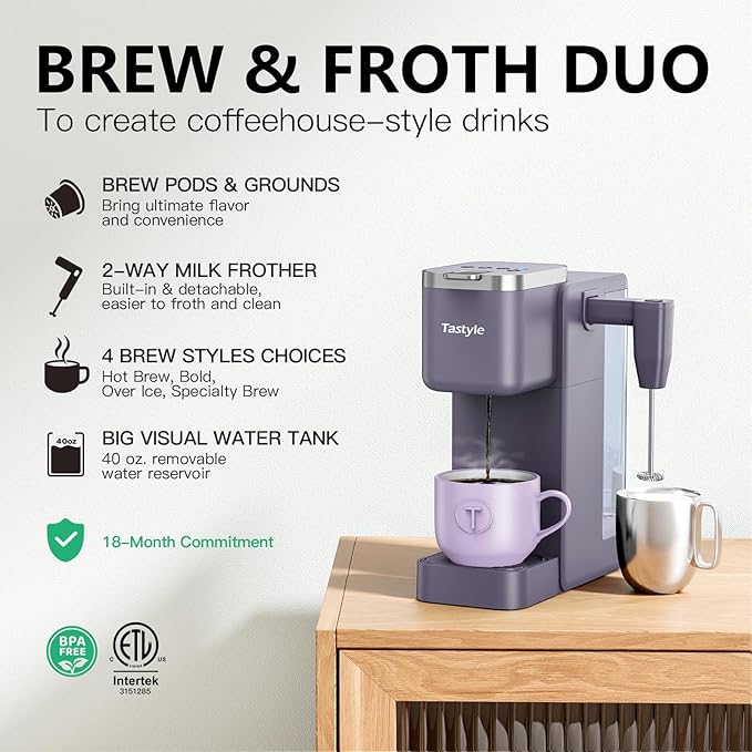 Single Serve Coffee Maker with Built-in Detachable Milk Frother Iced and Hot Coffee Machine for K Cup &amp Grounds 40oz Removable Water Reservoir 6 Cup Sizes Fits 7.3 Travel Mug Purple