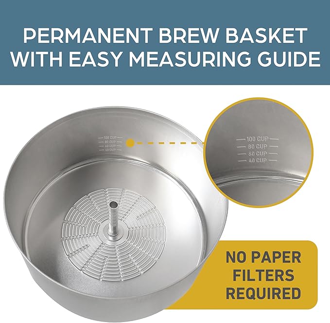 West Bend 33600 Coffee Urn Commercial Highly-Polished Aluminum NSF Approved Features Automatic Temperature Control Large Capacity with Fast Brewing and Easy Clean Up 100-Cup Silver