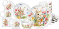 Zhehao 16 Pcs Easter Bunny Dinnerware Set Ceramics Rabbit Dishware Include 10 Inch Dinner Plate 7 Inch Salad Plate 5 Cereal Bowl 16 oz Coffee Mug for Holiday Dinner Party Service for 4