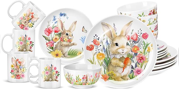Zhehao 16 Pcs Easter Bunny Dinnerware Set Ceramics Rabbit Dishware Include 10 Inch Dinner Plate 7 Inch Salad Plate 5 Cereal Bowl 16 oz Coffee Mug for Holiday Dinner Party Service for 4