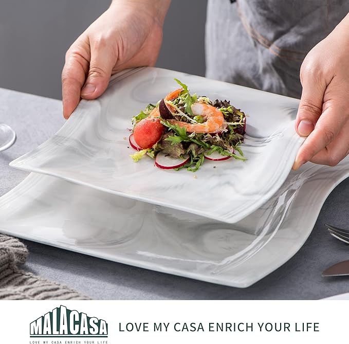 MALACASA 30 Piece Marble Grey Square Dinnerware Sets Bundle With 26 Piece Plates and Bowls Sets Series FLORA