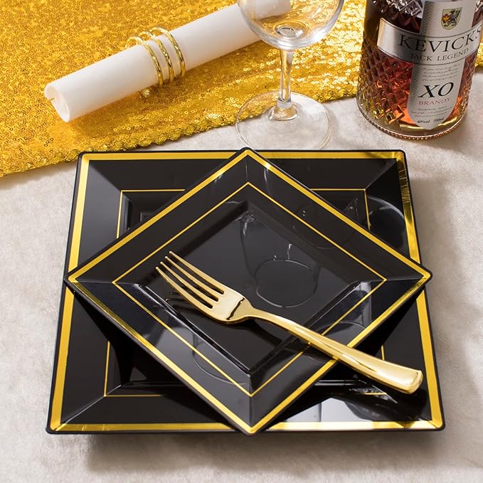 WDF 125Pieces Black Square Plastic Plates with Gold Rim Gold Disposable Silverware - include 25Pcs Dinner Plates25Pcs Dessert Plates25 Forks 25 Knives 25 Spoons for New Year (Pack of 2)