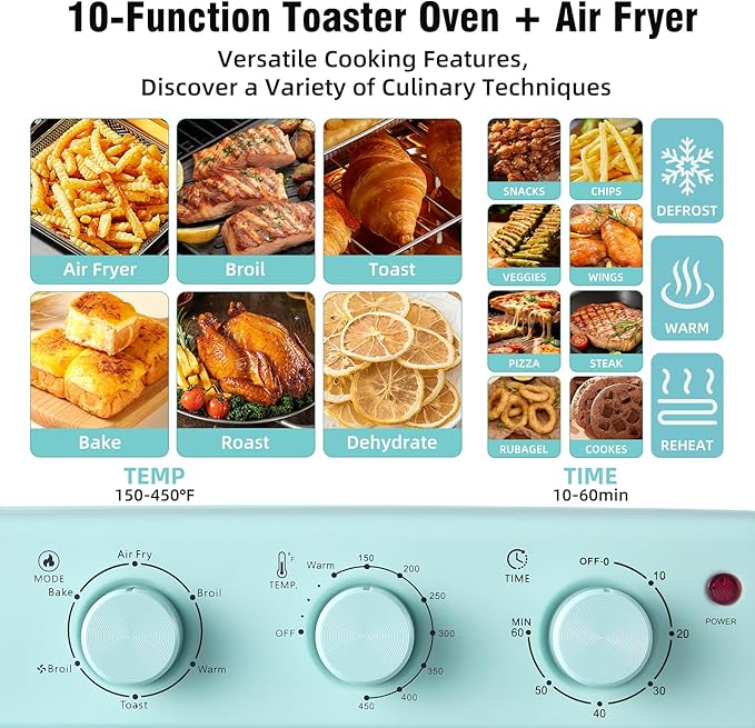 Novaspark Air Fryer Toaster Oven Combo Retro Convection Oven Countertop16QT Small Toaster Oven 4-slices or 9 PizzaBakeToastBroil Air Fry Rapid Heating Mini Conventional Oven Non-Stick Blue